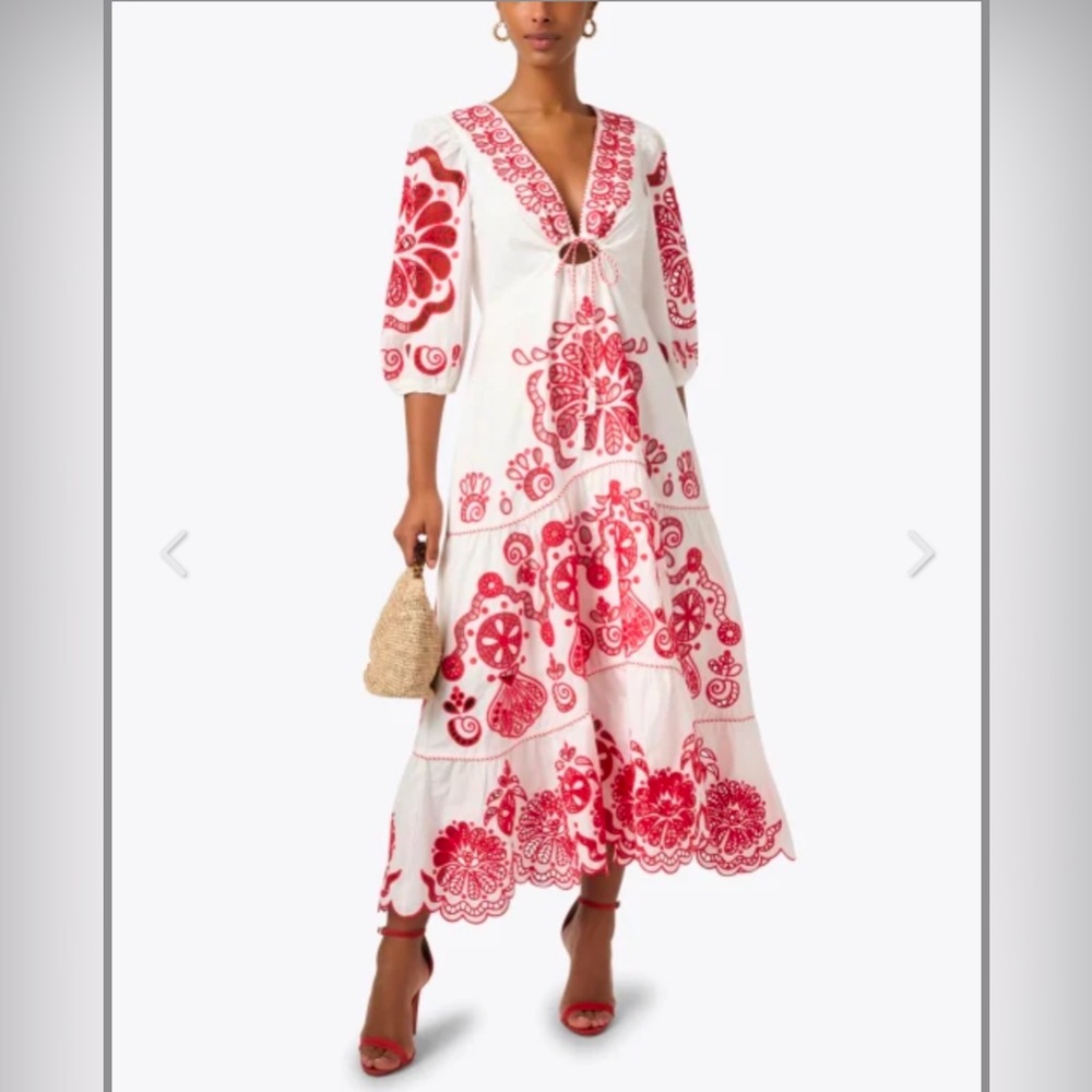 Farm Rio embroidered red and white midi dress